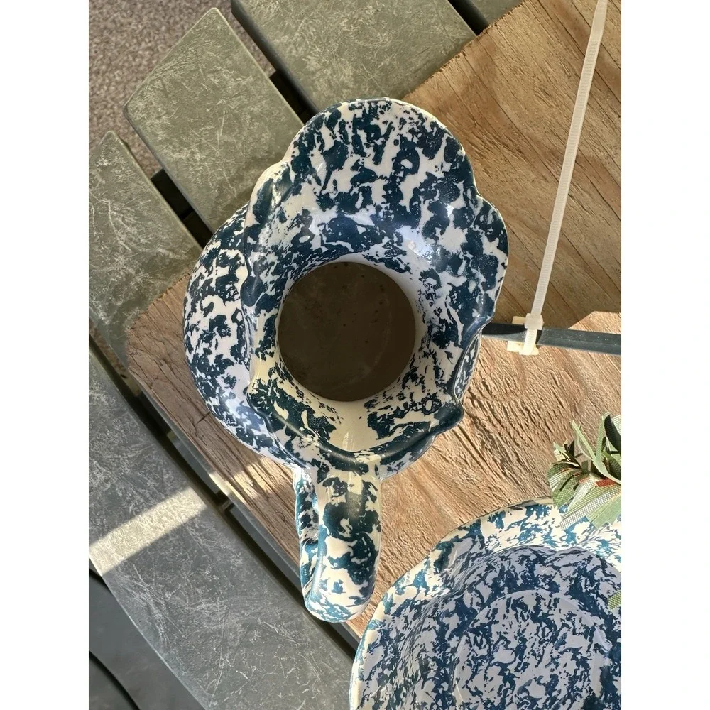 Vtg McCoy Blue Country Spongeware‎ Stoneware Pottery Small Pitcher And Bowl Set